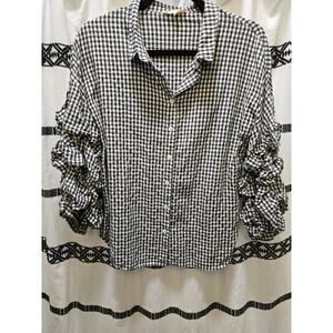 Gilli gingham gathered puff sleeve button-down long sleeve top size large